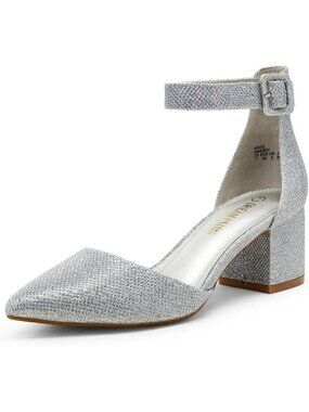 Dream Pairs Women's Silver Pointed Toe Closed Toe Low Block Ankle Strap Heels